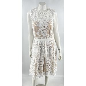 Audrea Fit Flare Dress Size XL White Lace Over Nude Cutout Back Guipure Pleated